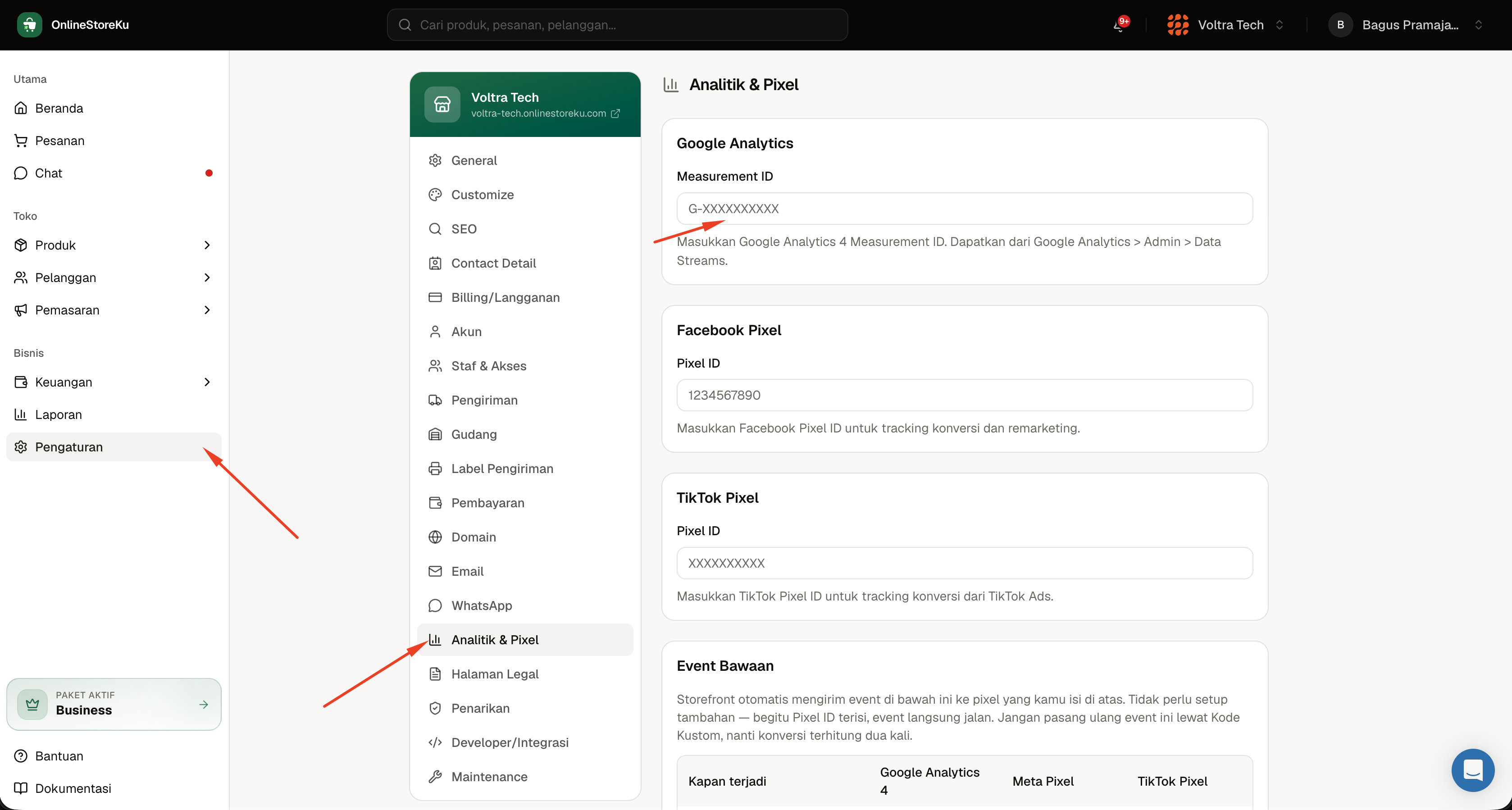 Menu Pengaturan Analitik dan Pixel OnlineStoreKu dengan kolom Google Analytics Measurement ID